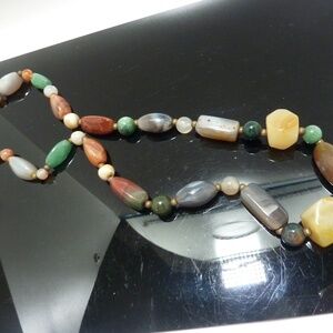Vintage Multi-Stone Polished Agate Quartz Beaded Long Necklace Brass Spacers 22”